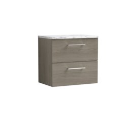 Balterley Level Wall Hung 2 Drawer Vanity Unit with Laminate Worktop for Stylish Compact Bathroom Storage Brown Grey Vicenza Oak