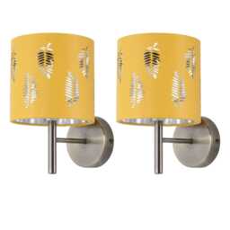 Set of 2 Brea - Antique Brass Wall Lights with Ochre Fern Shades Yellow Yellow 2