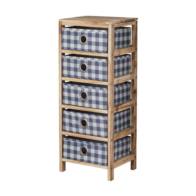 Wooden Chest Of Storage Drawers Plaid Fabric Bedroom Organiser Coastal Style Brown