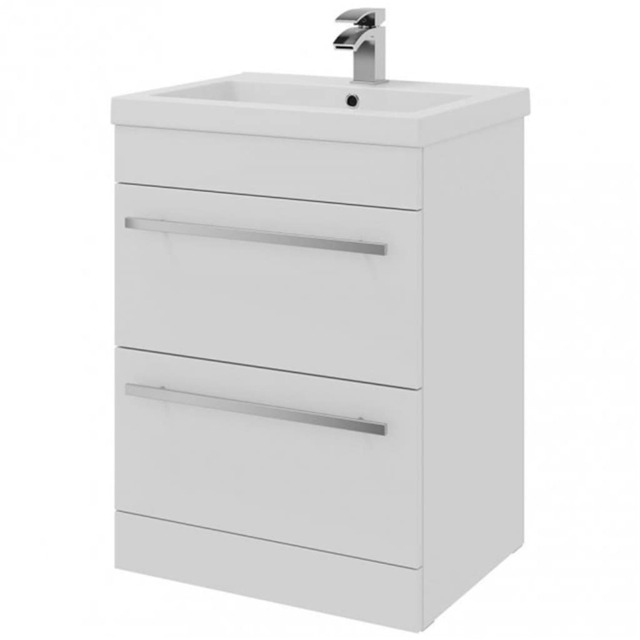 Bathroom 2-Drawer Floor Standing Vanity Unit with Mid Depth Ceramic Basin 600mm Wide - White - Brassware Not Included White White 1