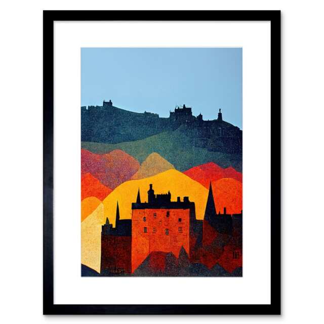 "Edinburgh Autumn Scotland Scottish Folk Art Cityscape 9x7"" Black Framed Wall Art Print"