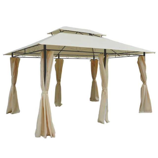 Outsunny 4m x 3(m) Outdoor 2-Tier Steel Frame Gazebo w/ Curtains Outdoor Garden White Beige