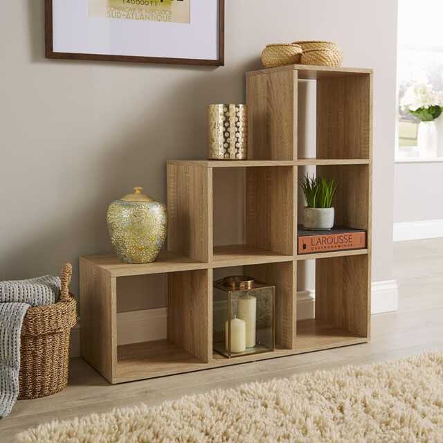 Step Style Storage Cube 6 Shelf Bookcase Wooden Display Staircase Unit Brown