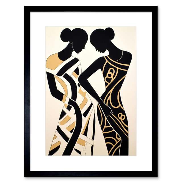 "Women Dancing Abstract Dress Beige Black Silhouettes 9x7"" Black Framed Wall Art Print"