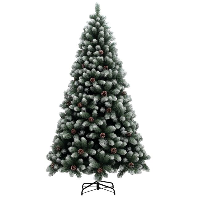 HOMCOM 7ft Artificial Pine Christmas Tree with 1152 Branch Tips and Steel Base, Realistic Hinged Tree with Pinecones, Holiday Decor for Home Office, Green