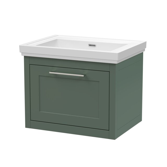 Balterley Traditional Bathroom Wall Hung 1 Drawer Vanity Unit and 0 Tap Hole Fireclay Basin Green Forest Green