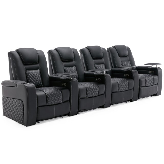 Broadway 4 Seater Cinema Electric Recliner Chair USB LED Base w Tray (Black w White stitching)