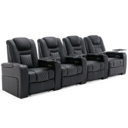 Broadway 4 Seater Cinema Electric Recliner Chair USB LED Base w Tray (Black w White stitching)