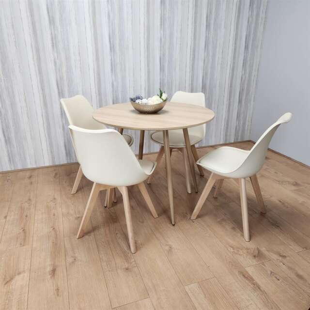 Dining Table and 4 Chairs Round Wood Effect 4 Cream faux Leather Plastic Chairs Dining Set Cream One Size 5