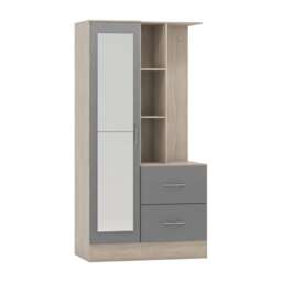Nevada Mirrored Open Shelf Wardrobe - L52 x W94 x H183.5 cm - Grey Gloss - Light Oak Effect Veneer