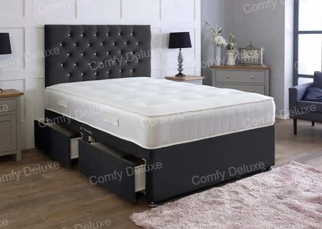3ft Single Black Plush Velvet Divan Bed With Headboard & Memory Sprung Mattress No Drawers