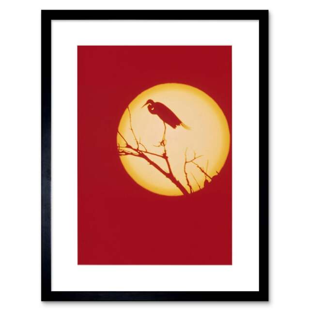 "Crane Silhouette Against Full Moon Red Modern 9x7"" Black Framed Wall Art Print"