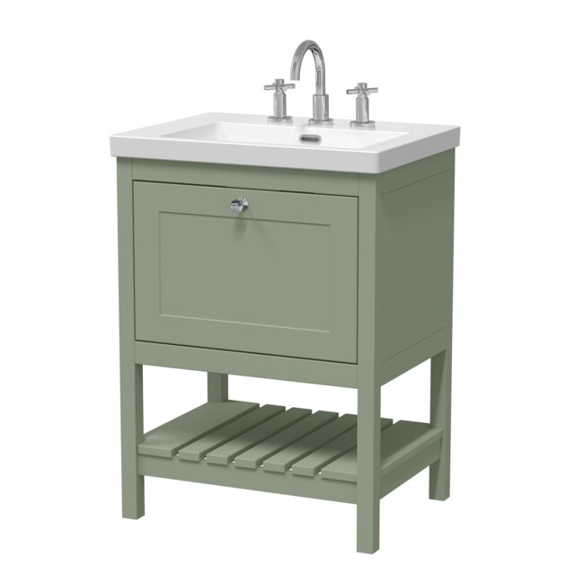 Balterley Coppenhall Contemporary 1 Drawer Floor Standing Vanity Unit with Fireclay Basin, Fern Green, 600mm