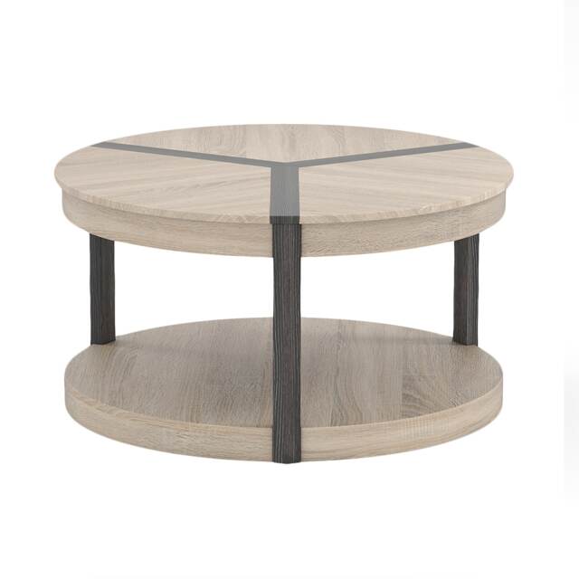 COSTWAY 2 Tier Round Coffee Table 88CM Rubber Wood Center Table Shelf Oak