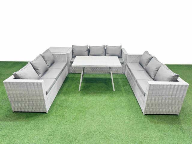 Fimous 9 Seat Outdoor Patio PE Rattan Garden Furniture with Cushions 3 Seater Sofa Side Table Light Grey