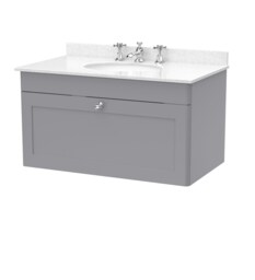 Balterley Swynnerton Traditional 1 Drawer Wall Hung Vanity Unit with Marble Basin, Satin Grey, 800mm