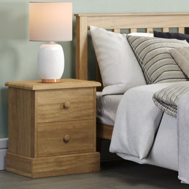 Cotswold 2 Drawer Bedside Cabinet - Antique Waxed Pine, Traditional Rustic Country Design Brown Antique Waxed Pine One Size 1