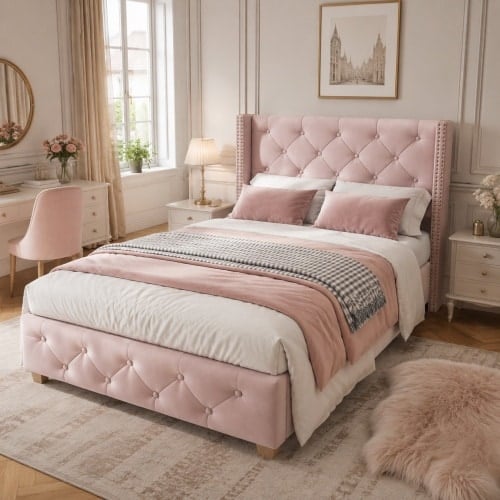 VILUXE 3ft Single Upholstered Bed Frame with Button-Tufted Headboard, Stud Detail, Slats and Wood Legs, Pink Velvet, 90 x 190cm