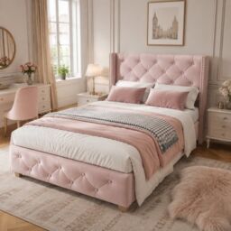 VILUXE 3ft Single Upholstered Bed Frame with Button-Tufted Headboard, Stud Detail, Slats and Wood Legs, Pink Velvet, 90 x 190cm