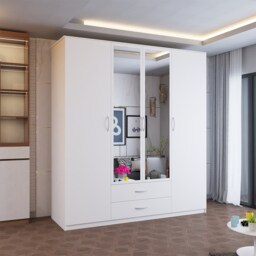 Stylish 171cm Hinged Wardrobe with Double Mirrors, 2 Drawers & Large Hanging Space White White 171cm 171