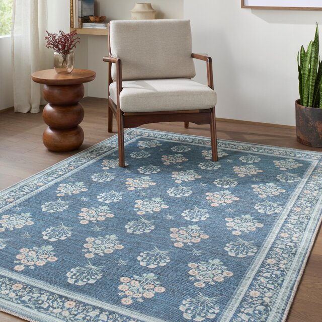 LIVABLISS Thistle-Washable Modern Floral Rug 160 x 220 cm Blue Green Beige