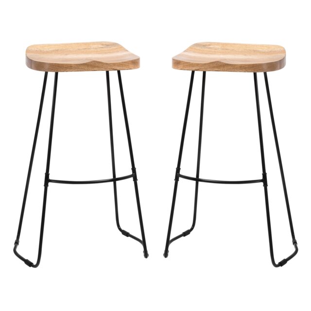 Lara Solid Mango Wood Bar Stools Set of 2 with Saddle Seats and Footrests
