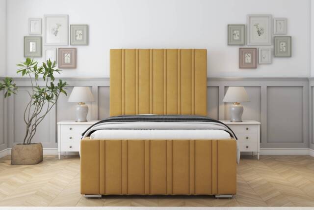 "Sloomy Radcliffe Mustard Plush Bed Frame With 50"" Upholstered Headboard 4' Small Double"
