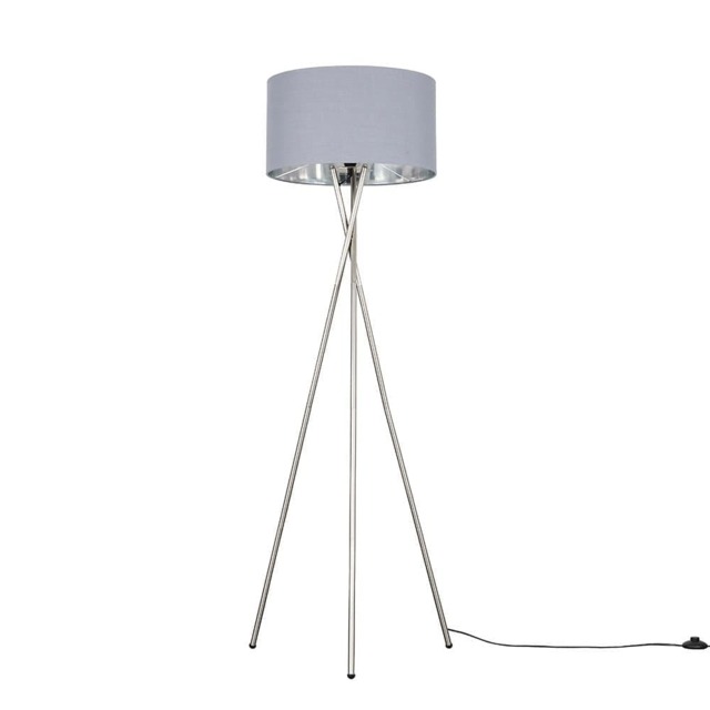 ValueLights Camden Brushed Chrome Tripod Floor Lamp Grey Chrome Shade and Bulb