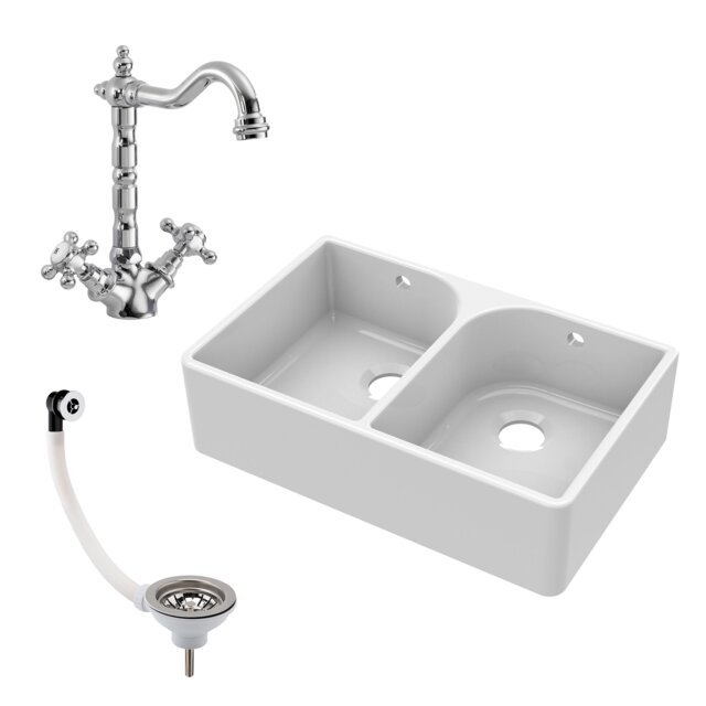 Balterley Fireclay Double Bowl Butler Kitchen Sink - Weir with French Classic Tap & Wastes - Ceramic Kitchen Sink & Tap White White