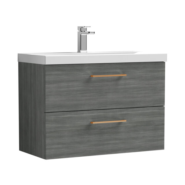 Balterley Wall Hung Bathroom 2 Drawer Vanity Unit and 1 Tap Hole Ceramic Basin, with Handles Grey