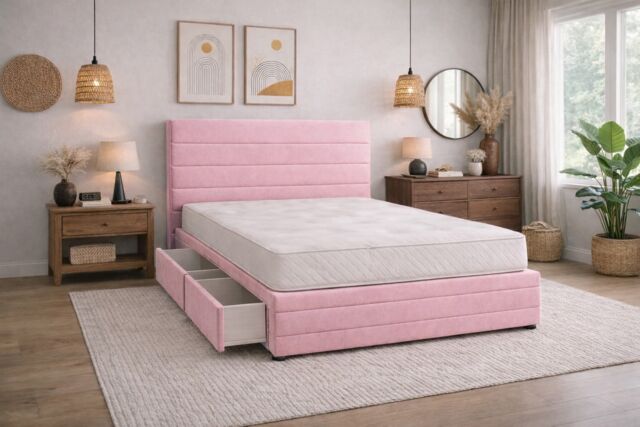 Divan Bed Set Headboard and Footboard with Mattress 6ft Superking Pink Suede Storage 2 Drawers Left Side Laying in Bed