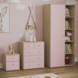 Junior Vida Neptune 3 Piece Bedroom Set, Pink & Oak (Bedside Table, Drawer Chest, Wardrobe) Pink Pink L 3