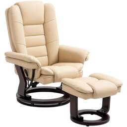 HOMCOM Recliner Chair With footstool, Recliner Armchair up to 130kg Weight Capacity, 135 Reclining Swivel Sofa Chair, PU Leather Ergonomic Couch Bed with Swivel Wood Base for Living Room, Beige