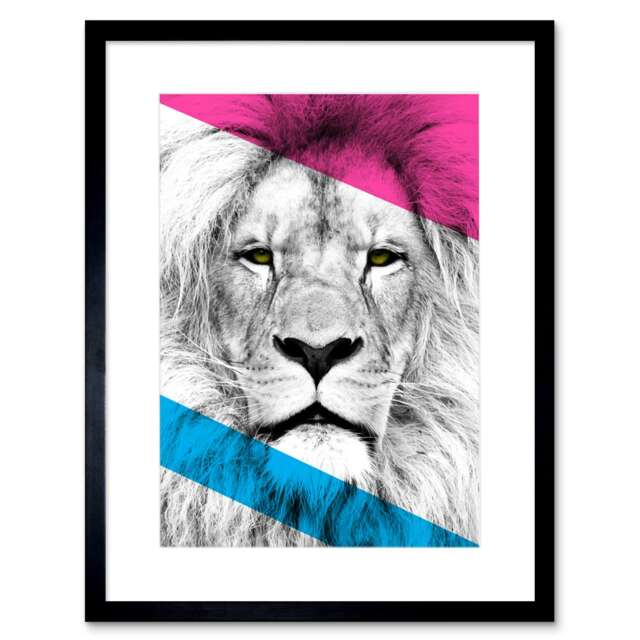 "Male Lion Pink Blue Modern Graphic Big Cat Lover 9x7"" Black Framed Wall Art Print"