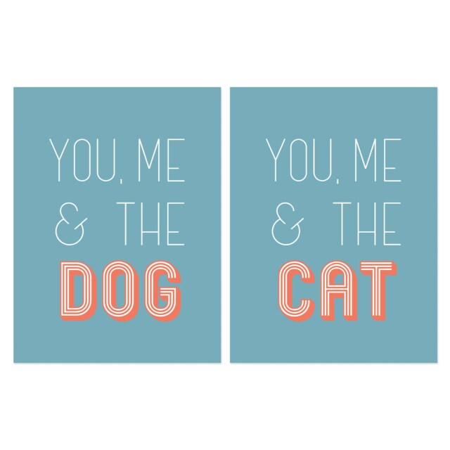 Set of 2 You Me the Cat Dog Retro Teal Blue Coral Red Home Decor Wall Art Print A4