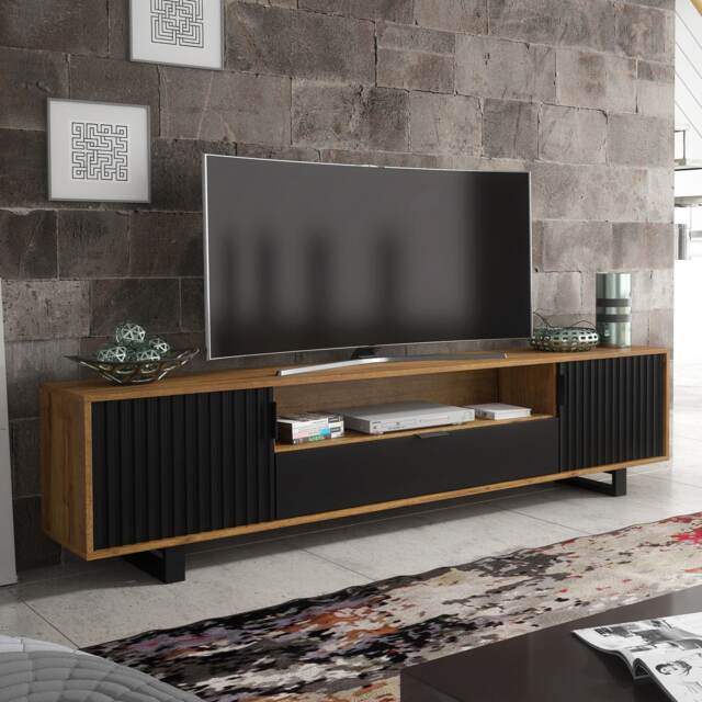 TV Unit Cabinet Sideboard Storage Cabinet Oak Black Wave Doors Metal Frame 200cm
