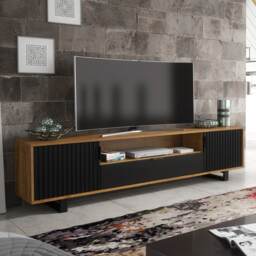 TV Unit Cabinet Sideboard Storage Cabinet Oak Black Wave Doors Metal Frame 200cm