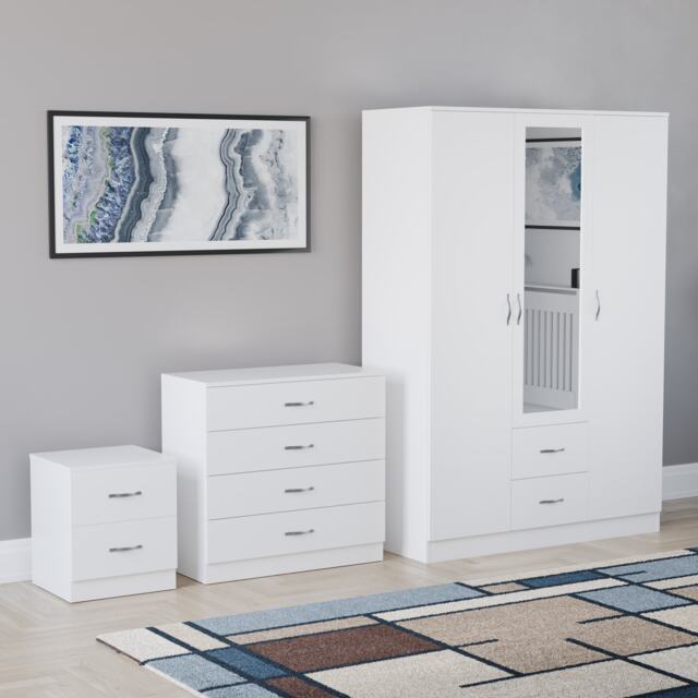 Vida Designs Riano 3 Piece Bedroom Set (2 Drawer Bedside Chest, 4 Drawer Chest, 3 Door 2 Drawer Mirrored Wardrobe) - White
