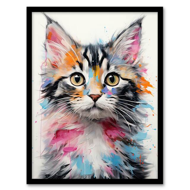 Kitten Bright Oil Orange Pink Baby Cat Black Framed Wall Art Print A4