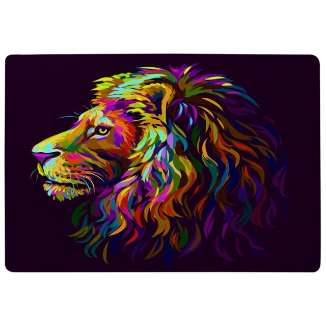 Abstract, multicolored profile portrait of a lion's head on a purple background in popart style (Rug) Multi XL
