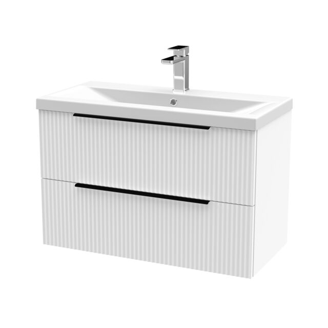 Balterley Fluted Front Wall Hung 2-Drawer Bathroom Vanity Unit with 1 Tap Hole Basin, Handles White Satin White