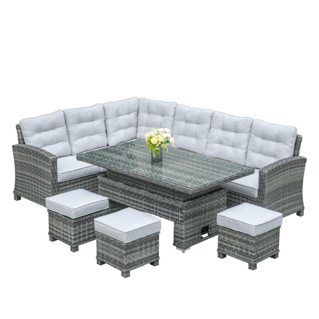 Direct Wicker 8-Seater Premium Aluminium Garden Sofa Set with Rising Table Grey Five Plus Seater