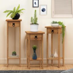 Mercers Furniture Corona Set of 3 Plant Stands 1 Drawer 1 Shelf Hallway Tables Solid Wood Pine Wooden with Mexican Styling