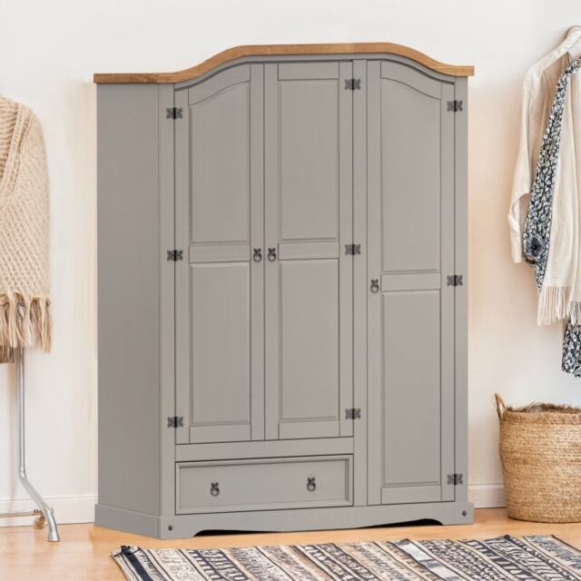 Corona Grey Wax 3 Door 1 Drawer Arch Top Wardrobe Triple Robe Solid Wood Pine Wooden Bedroom with Mexican Styling
