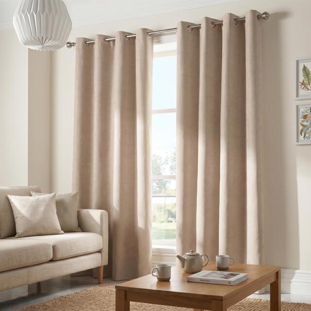 Velvet Chenille Eyelet Curtains Ready Made Pair - 142cm x 183cm - Taupe