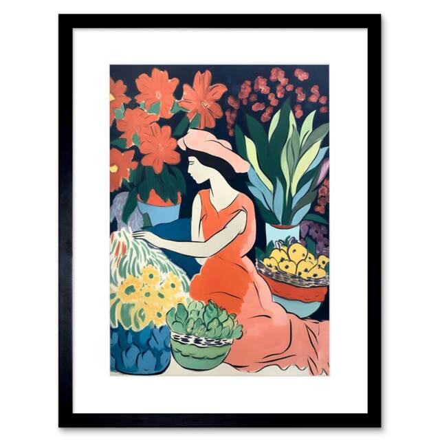 "Danish Pastel Aesthetic Matisse Flower Market Watercolour 9x7"" Black Framed Wall Art Print"