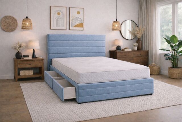 Divan Bed Set Headboard and Footboard with Mattress 6ft Superking Ice Blue Suede Storage No Drawers