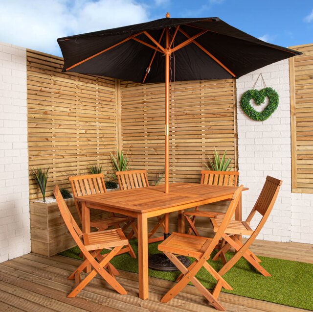 Outdoor 6 Person Rectangular Wooden Garden Patio Dining Table Chairs with Black Parasol and Base Set