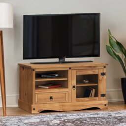 Mercers Furniture Corona Entertainment TV Unit Cabinet Stand 1 Drawer Glass Door Solid Wood Pine Wooden with Mexican Styling
