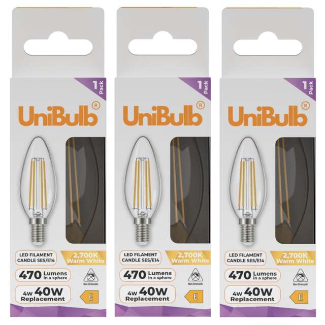 UniBulb LED Filament Candle E14 Small Edison Screw (SES) 470lm 4W (Replaces 40W) 2700K (Warm White) Light Bulb - Pack of 3